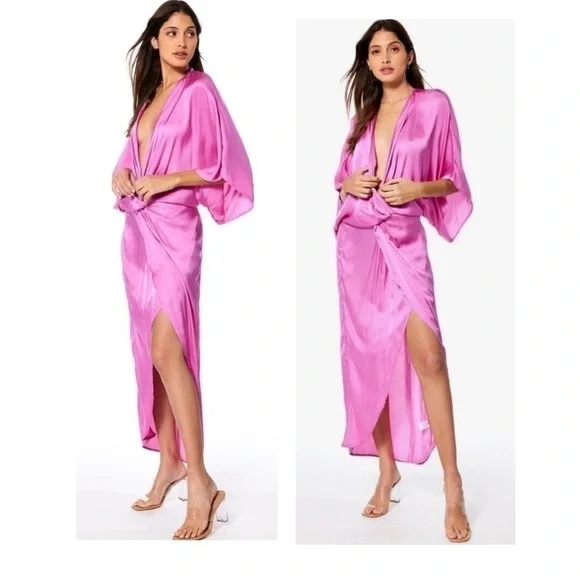 YOUNG FABULOUS & BROKE YFB Siren Maxi Kimono Kaftan Silky Dress size small - Picture 2 of 6